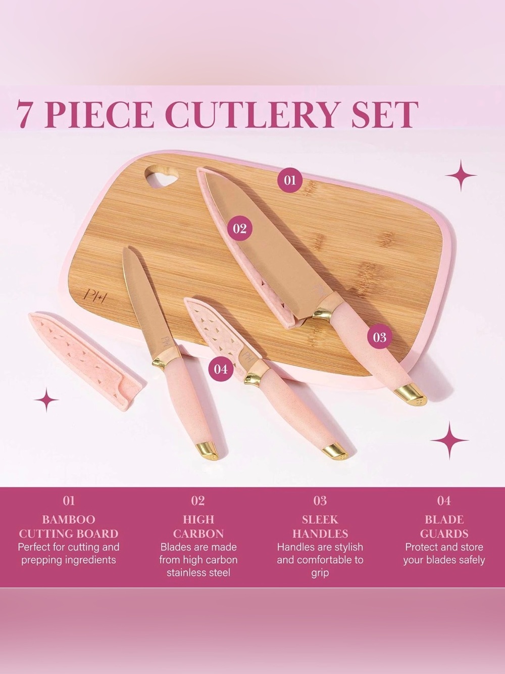 Paris Hilton Pink 7-Piece Cutlery Set with Bamboo Board